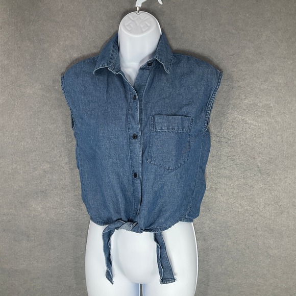 Madewell Tops - Madewell‎ Denim Tie-Front Top Linen Sleeveless Button Down Chambray Shirt 2XS